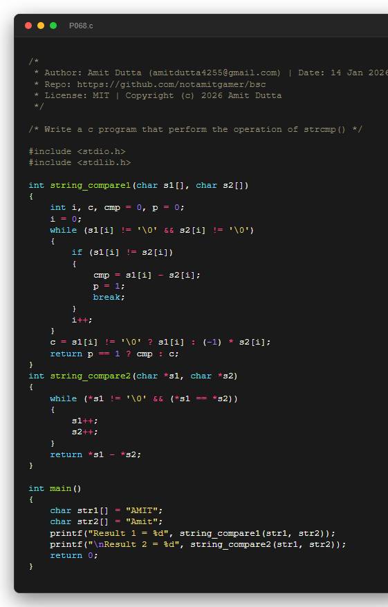 Write a c program that perform the operation of strcmp()
